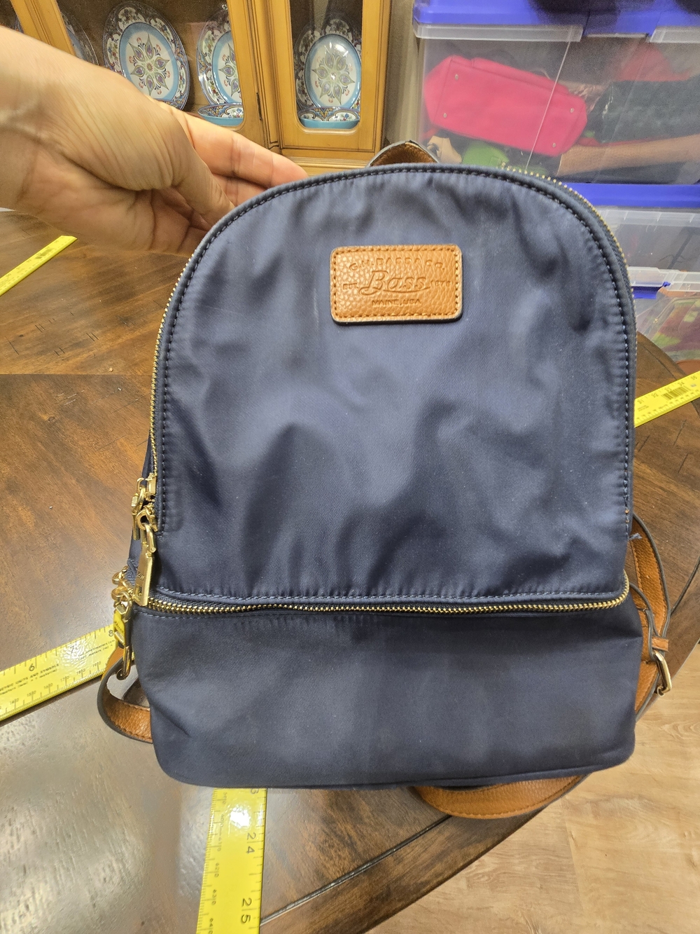 Bass Navy Backpack with Brown Trim and Gold Hardware